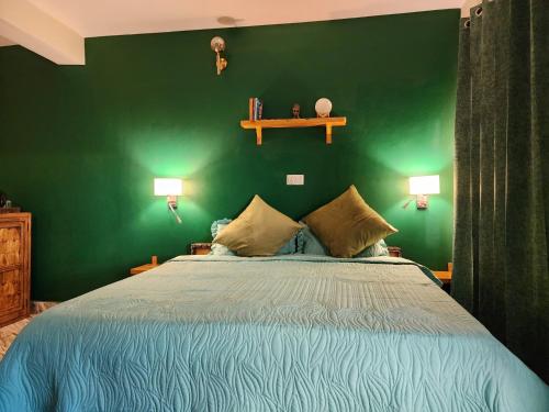 Dormitorio verde con cama y pared verde en The Hidden Tribe, en Bīr