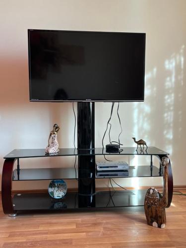 a flat screen tv on top of a glass entertainment center at SHARDEN in Lori Berd