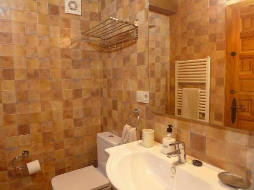 a bathroom with a sink and a toilet and a mirror at Casa Rural Vely para 8 personas in Abándames