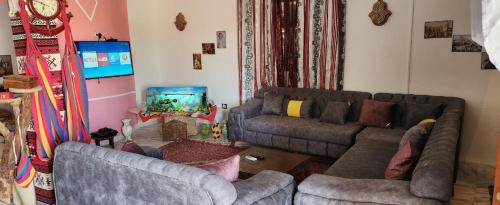 a living room with two couches and a fish tank at Villa Atlas Oasis in Shabīkah