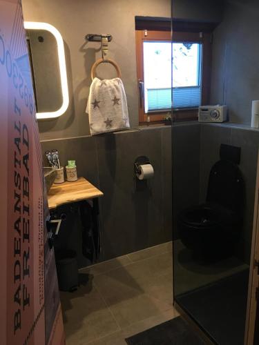 a small bathroom with a toilet and a window at Bike 'n' Board Lodge Brandnertal in Brand