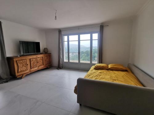 a bedroom with a bed and a tv and a couch at Séjour en pleine nature, vue imprenable, jacuzzi in Contes