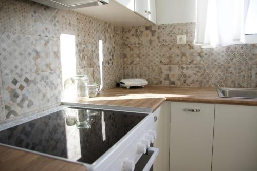 a kitchen with a sink and a counter top at Casa Di Calma Four Seasons Guest House in Kastríon