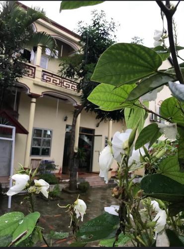 una casa con flores blancas delante de ella en Nhà Nghỉ Bình Dân Xanh en Bắc Quang