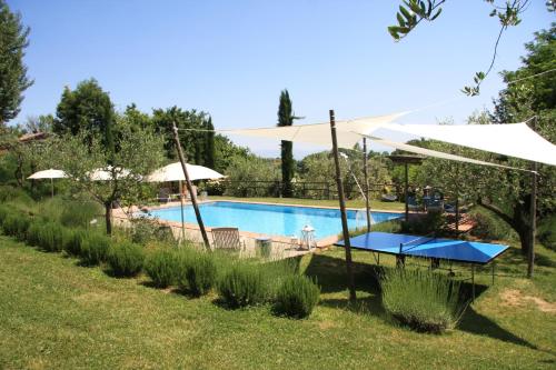 una piscina en un jardín con sombrillas en Il Vecchio Milipano, en Montepulciano