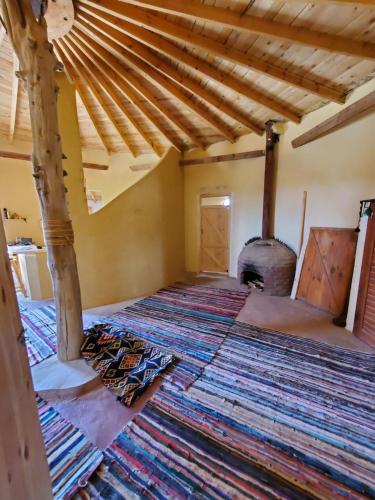 Pokój na poddaszu z dużym dywanem i kominkiem w obiekcie Hidden place w mieście Siwa
