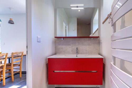 łazienka z czerwoną umywalką i lustrem w obiekcie Gîte de la Porte des Moines w mieście Brandivy