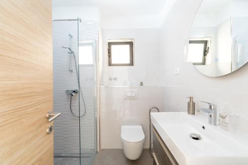 a bathroom with a shower and a toilet and a sink at Apartments & Rooms Fisherman's Luck in Vela Luka