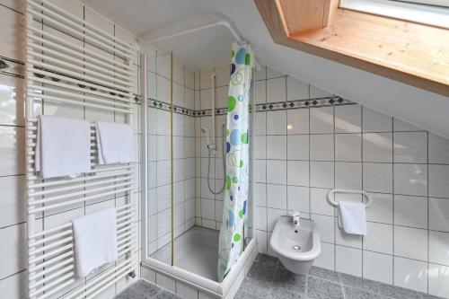 a small bathroom with a toilet and a shower at Pension Freiheit in Pfronten