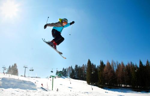 a person jumping in the air on skis at Apartment & Studio Forest Paradise in Cerkno