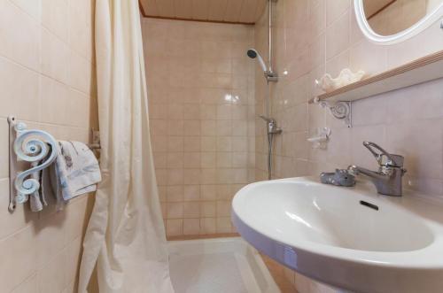 ein Bad mit einem Waschbecken und einem Duschvorhang in der Unterkunft La maison bleue in Arquian