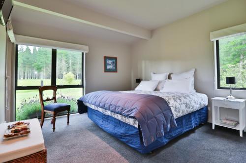 a bedroom with a bed and a chair and a window at Woodbank Park Cottages in Hanmer Springs