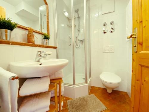 een badkamer met een wastafel en een douche bij Ferienwohnung Schober in Reit im Winkl