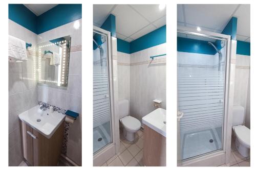 two pictures of a bathroom with a toilet and a sink at The Originals Access, Hôtel les Iris, Berck-sur-Mer in Berck-sur-Mer