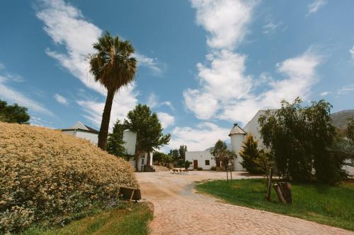 a dirt road with a palm tree and a building at Leipzig Country House & Winery in Nuy