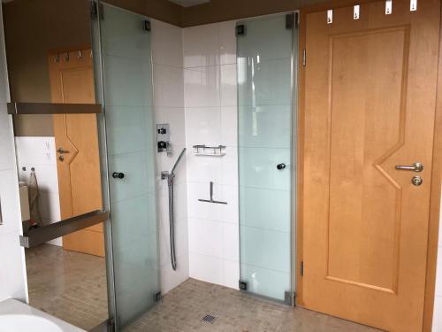 a bathroom with a shower and a glass door at Haus Brockenblick in Wernigerode