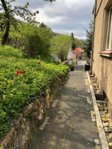 a stone wall next to a house with flowers at Haus Brockenblick in Wernigerode