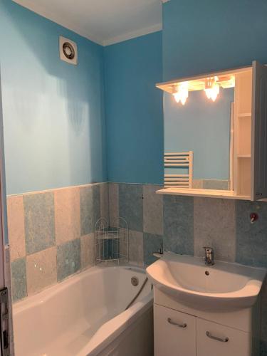 łazienka z wanną, umywalką i lustrem w obiekcie B&B Cluj w Klużu-Napoce