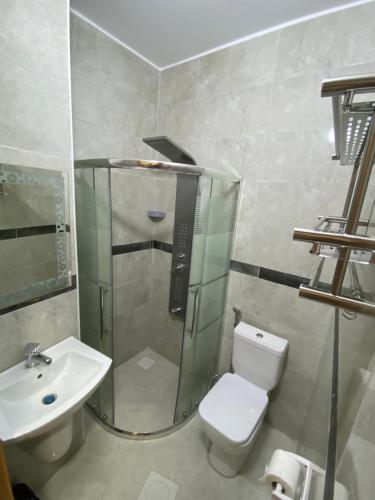 y baño con ducha, aseo y lavamanos. en Rose city inn, en Wadi Musa