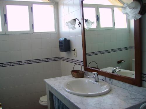 La salle de bains est pourvue d'un lavabo, d'un miroir et de toilettes. dans l'établissement Magnífico chalet entre Sierra Nevada y Granada, à Dúdar