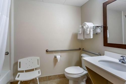 a bathroom with a toilet and a sink and a mirror at Quality Inn in Ocoee