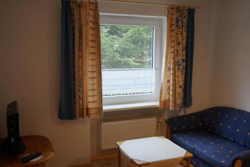 a living room with a blue couch and a window at Ferienhaus Napoleon in Waldmünchen