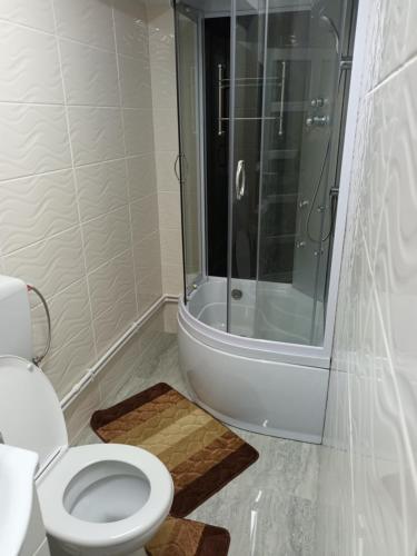 uma casa de banho com um chuveiro, um WC e um lavatório. em apartament de lux em Lupeni