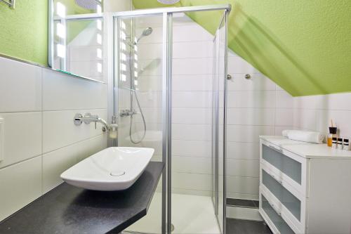W łazience znajduje się prysznic i umywalka. w obiekcie Hotel Café Ernst w mieście Bernkastel-Kues