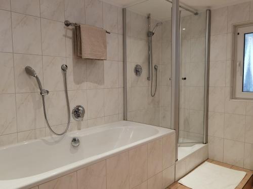 een badkamer met een douche en een bad bij Bürgstadt, Am Bischof mit Sonnenterrasse, 1 bis 4 Betten in Buergstadt