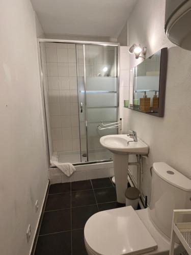 a bathroom with a shower and a toilet and a sink at Jupiter YourHostHelper in Caen