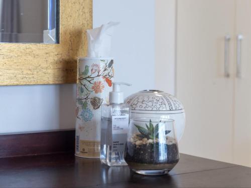 a kitchen counter with a food processor and a bottle of alcohol at Erika27 B&B NO LOADSHEDDING in Dana Bay