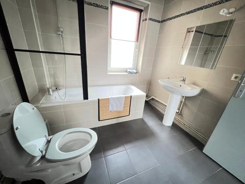 La salle de bains est pourvue de toilettes et d'un lavabo. dans l'établissement Mon Spacieux Studio Parking Un-Séjour-à-Part, à Saint-Julien-lès-Metz