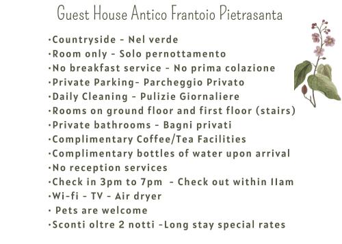 um menu da casa de hóspedes indo fonda indica tarot tarot cards em Guest House Antico Frantoio Pietrasanta Affittacamere em Pietrasanta