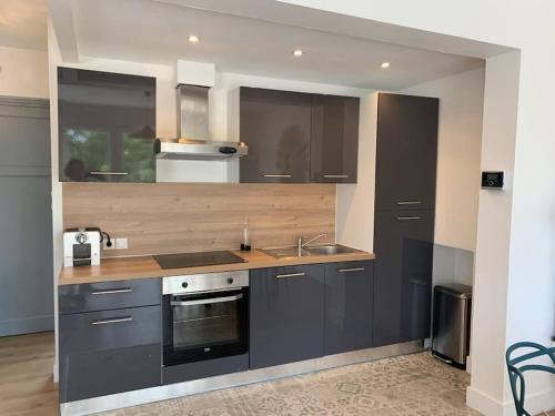 une cuisine avec un évier et une cuisinière four supérieur dans l'établissement Au 154 Bis - Joli Appartement avec Grande Terrasse et proche de la plage à Malo, à Dunkerque