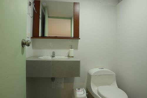 a bathroom with a toilet and a sink and a mirror at Hotel Bania travels in Guatapé