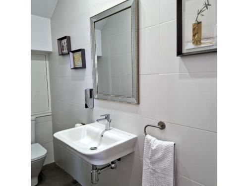 La salle de bains blanche est pourvue d'un lavabo et de toilettes. dans l'établissement Dúplex de diseño Jaén Centro-Catedral, à Jaén