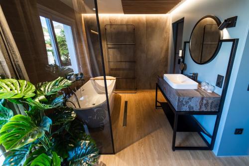 a bathroom with a sink and a mirror and a plant at Hotel Taburiente S.C.Tenerife in Santa Cruz de Tenerife