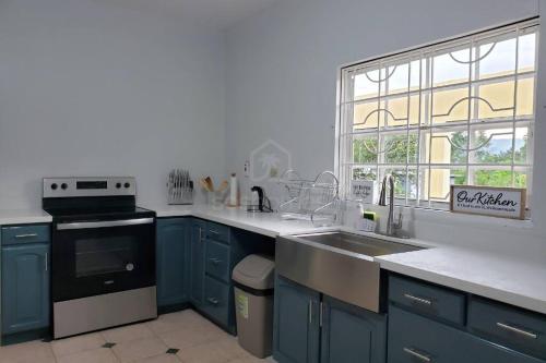 una cucina con armadi blu, lavandino e finestra di Farmhouse Estate 30mins from Ocho Rios/Kgn a Knowles