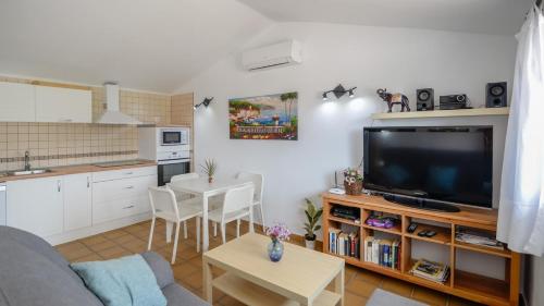 a living room with a couch and a tv at Villa Evelyn Gaucín by Ruralidays in Gaucín