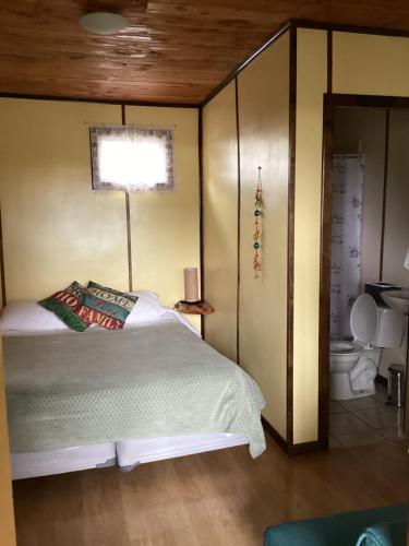 a bedroom with a bed and a lamp in it at Cabaña la Solar. in Frutillar