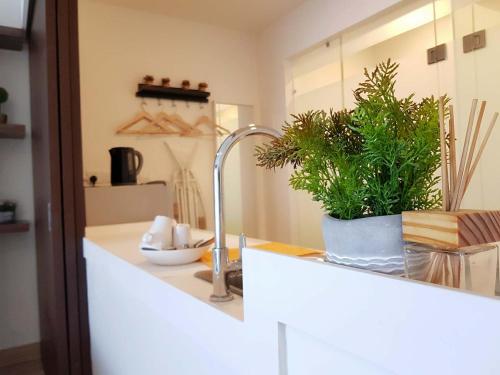 a kitchen counter with a sink with a plant on it at Simple No 6- Trefoil Setia Alam- Near Setia Convention Centre in Shah Alam