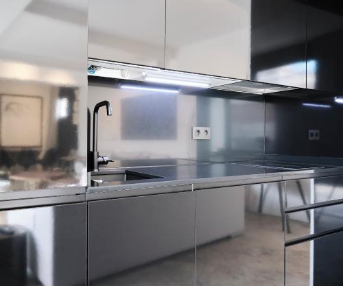 a kitchen with a stainless steel counter and a sink at MAESTRANZA MODERN y LUXURY in Seville