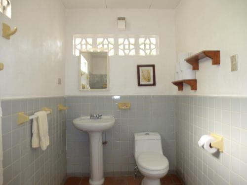 a bathroom with a white toilet and a sink at Alchemy on the Lake in La Laguna