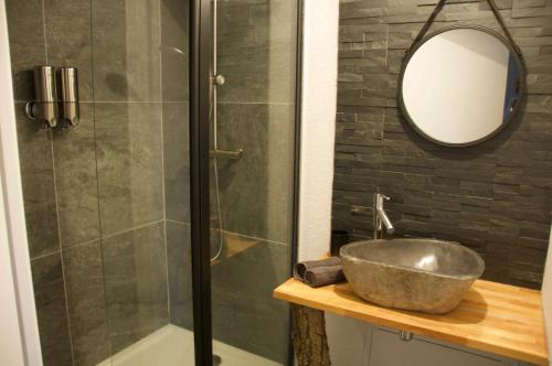 a bathroom with a sink and a mirror and a shower at Maison Georges Couthon in Orcet