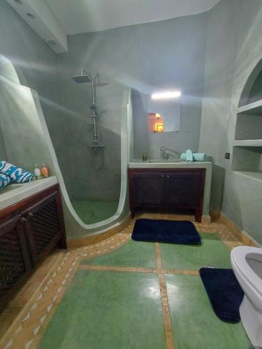 uma casa de banho com um chuveiro, um lavatório e um WC. em Riad dar Karam em Marrakech