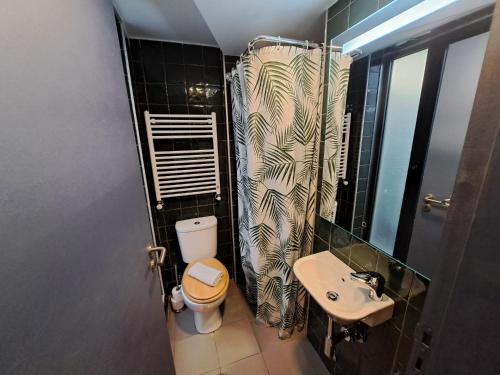 uma pequena casa de banho com WC e lavatório em Sardines and Friends Hostel 06 na Póvoa do Varzim