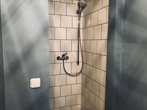 y baño con ducha con cabezal de ducha. en Cozy Apartment Fremersberg for 2 en Baden-Baden