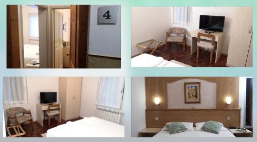 four pictures of a hotel room with a bed and a desk at Hotel Villa Milano in Peio Fonti