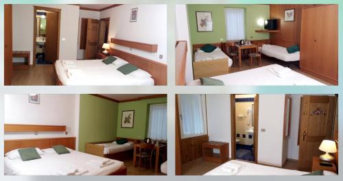 two pictures of a hotel room with two beds at Hotel Villa Milano in Peio Fonti