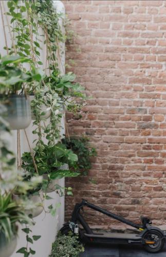 a scooter is parked next to a brick wall at Au Numéro 5 in Tilff